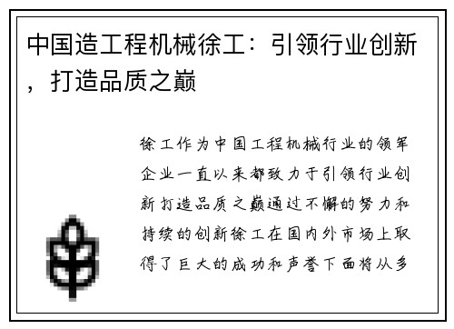 中国造工程机械徐工：引领行业创新，打造品质之巅